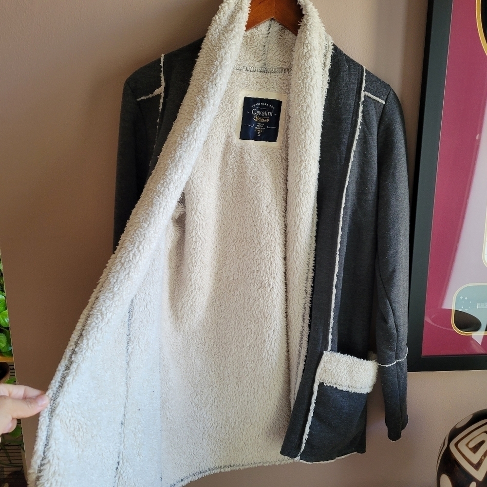 Cavalini Sherpa Jacket Small Open Front Pockets Lightweight Dark Grey Cardigan - Picture 4 of 12